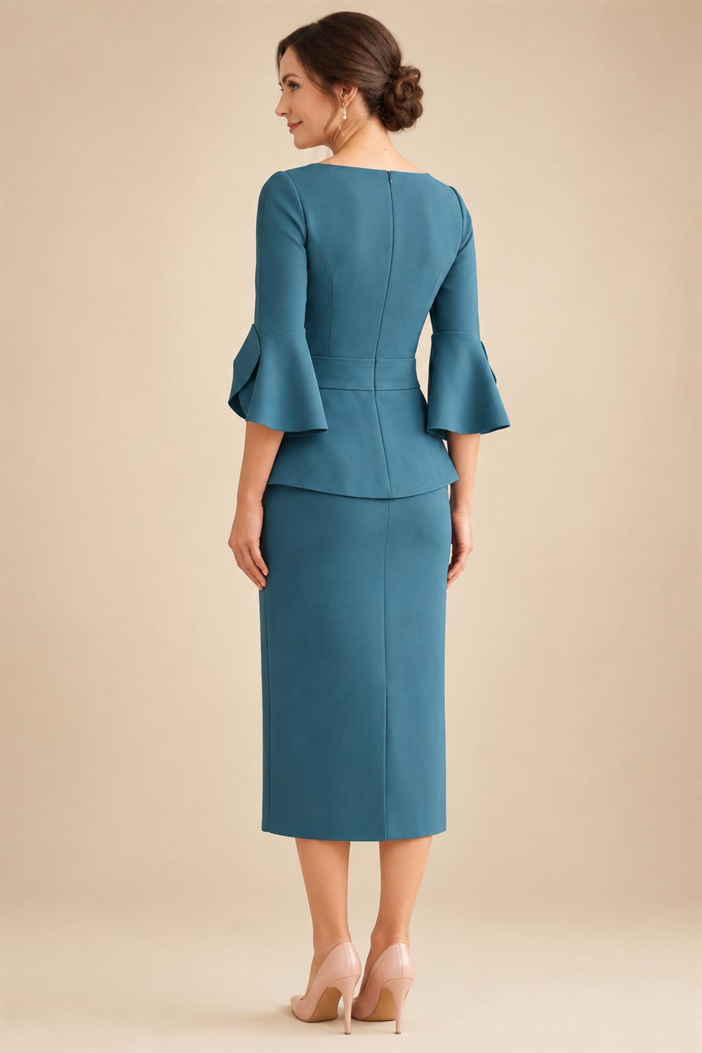 Sheath Satin Tea-Length Mother of the Bride & Groom Dresses with 3/4 Bell Sleeves & Crystal Embellished Belt (SHI22500471)