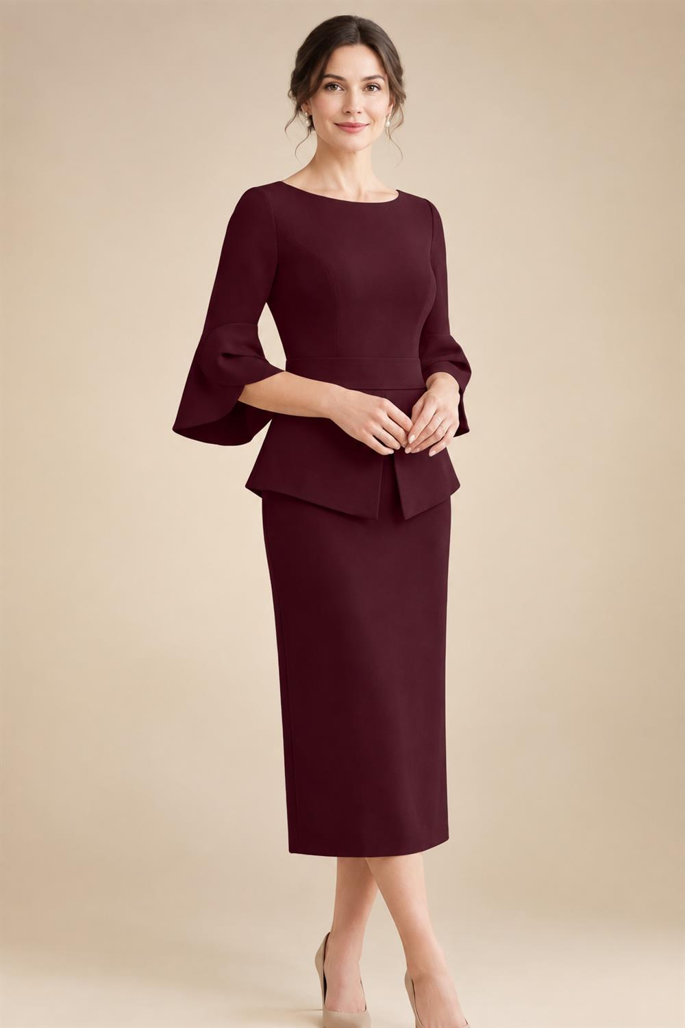 3/4 Sleeve Round Neck Sheath Midi Satin Mother of the Bride Dresses Formal Dress (SHI22500384)