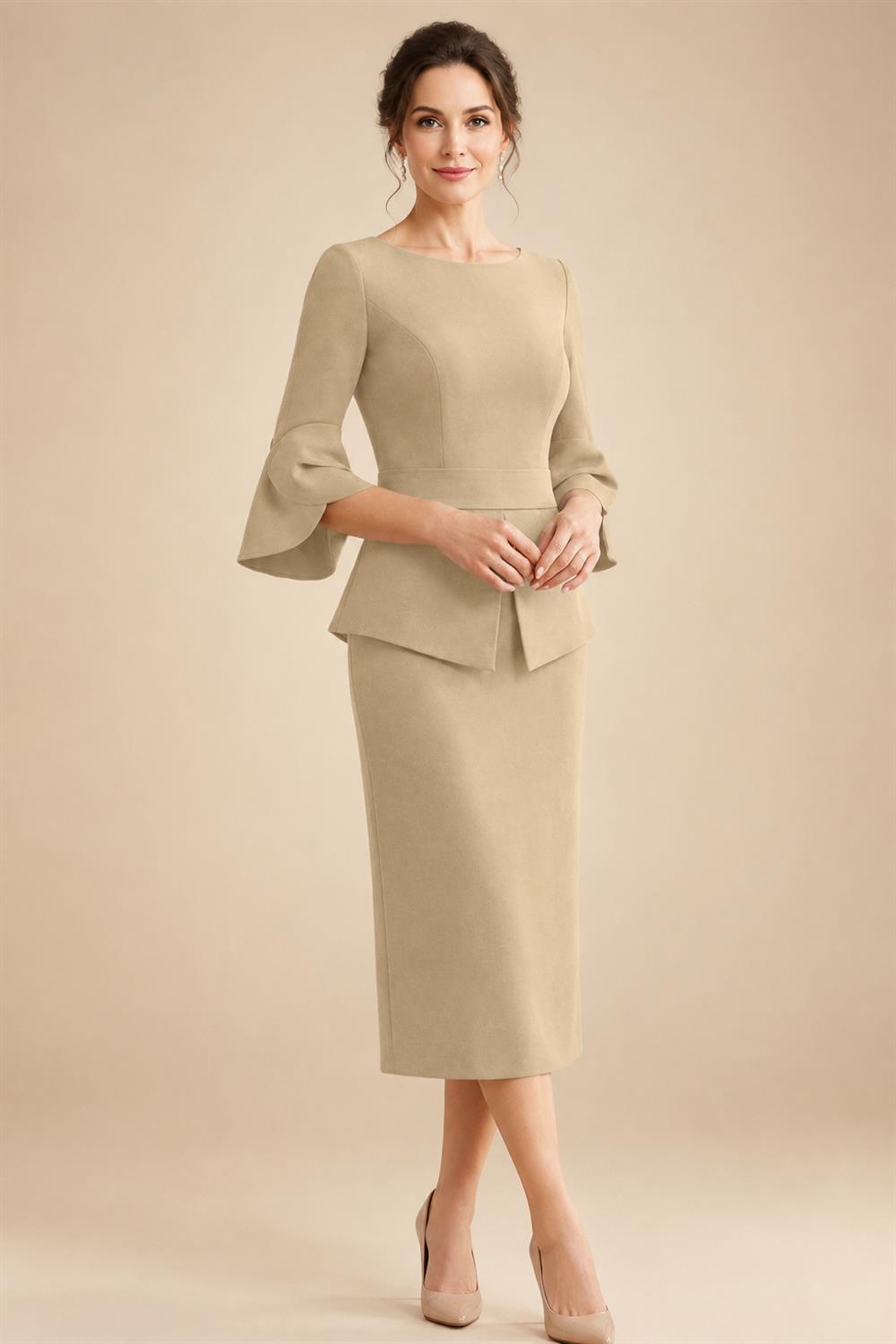3/4 Sleeve Round Neck Sheath Midi Satin Mother of the Bride Dresses Formal Dress (SHI22500384)