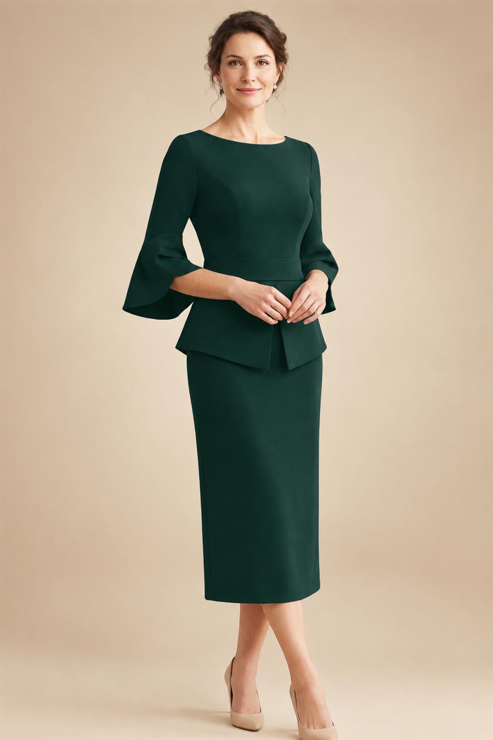 3/4 Sleeve Round Neck Sheath Midi Satin Mother of the Bride Dresses Formal Dress (SHI22500384)