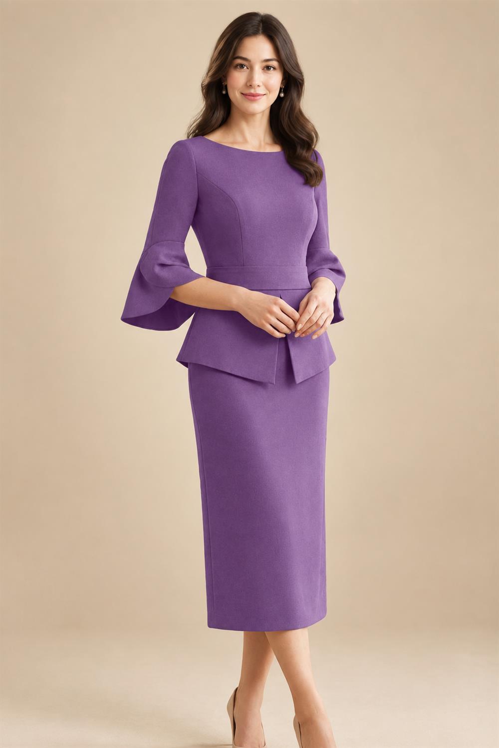 3/4 Sleeve Round Neck Sheath Midi Satin Mother of the Bride Dresses Formal Dress (SHI22500384)