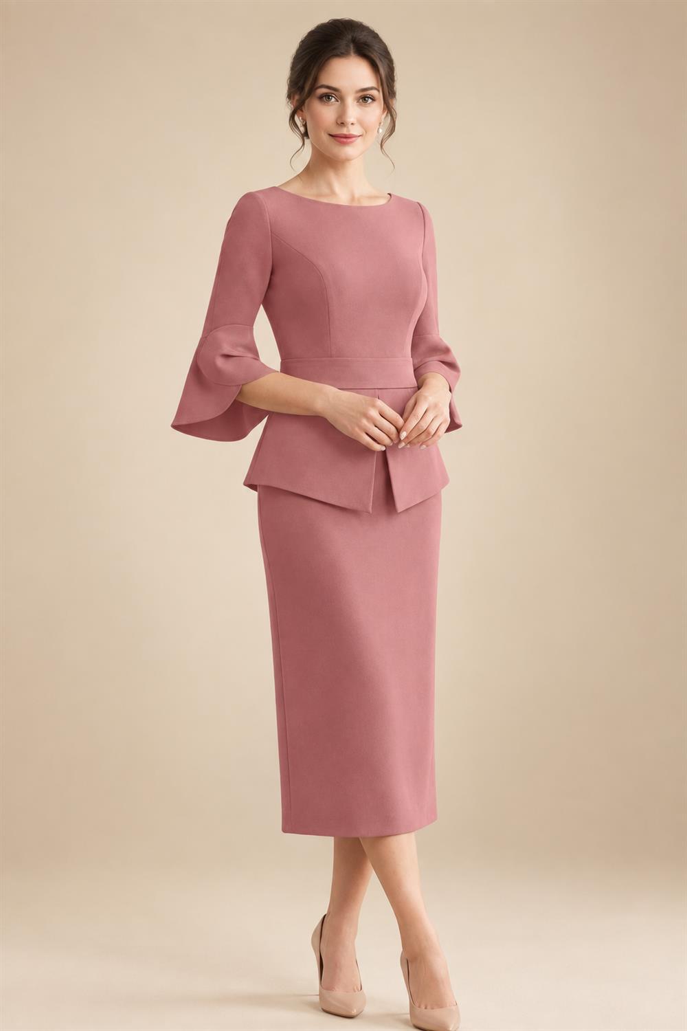 3/4 Sleeve Round Neck Sheath Midi Satin Mother of the Bride Dresses Formal Dress (SHI22500384)