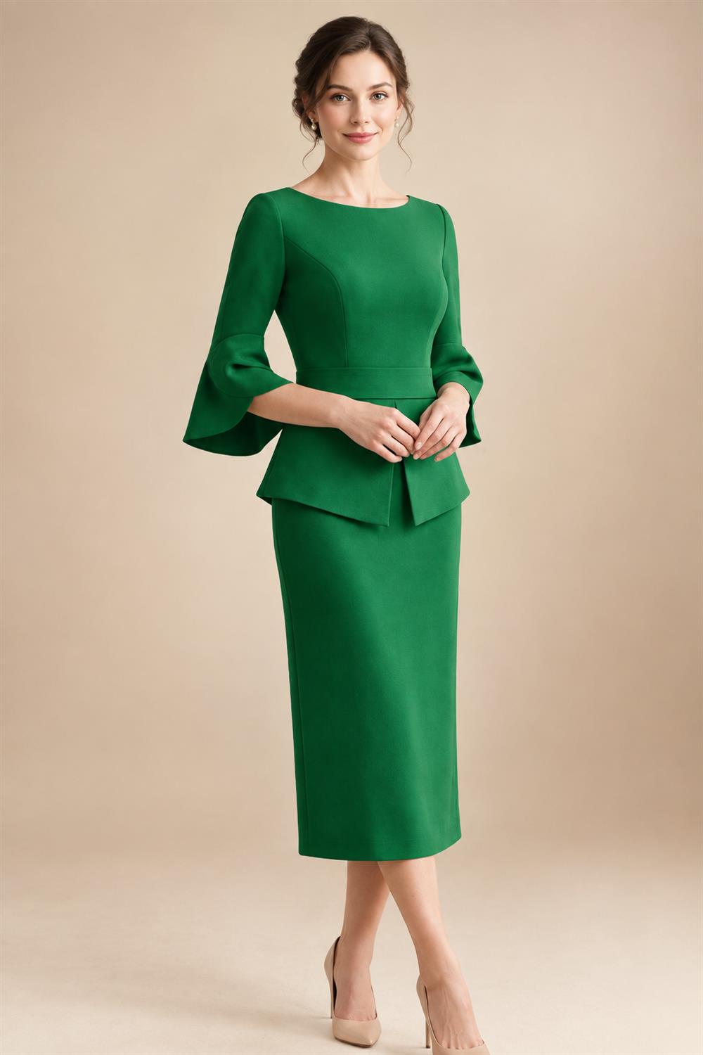 3/4 Sleeve Round Neck Sheath Midi Satin Mother of the Bride Dresses Formal Dress (SHI22500384)