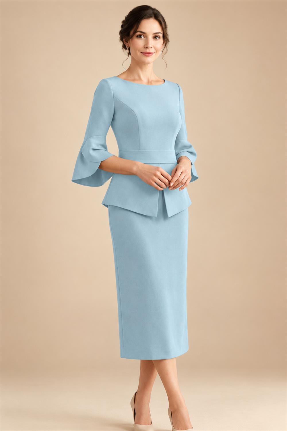 3/4 Sleeve Round Neck Sheath Midi Satin Mother of the Bride Dresses Formal Dress (SHI22500384)