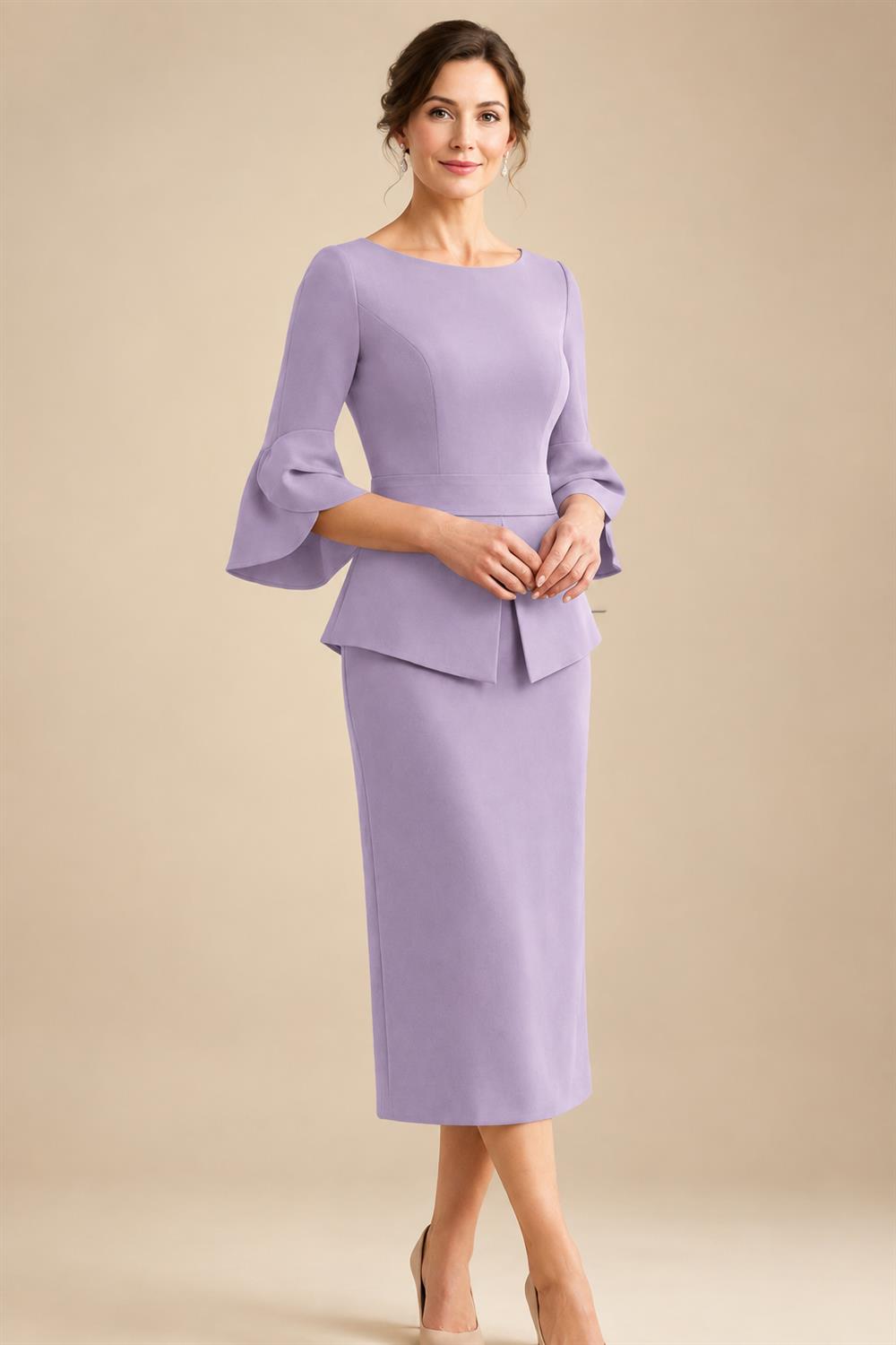 3/4 Sleeve Round Neck Sheath Midi Satin Mother of the Bride Dresses Formal Dress (SHI22500384)