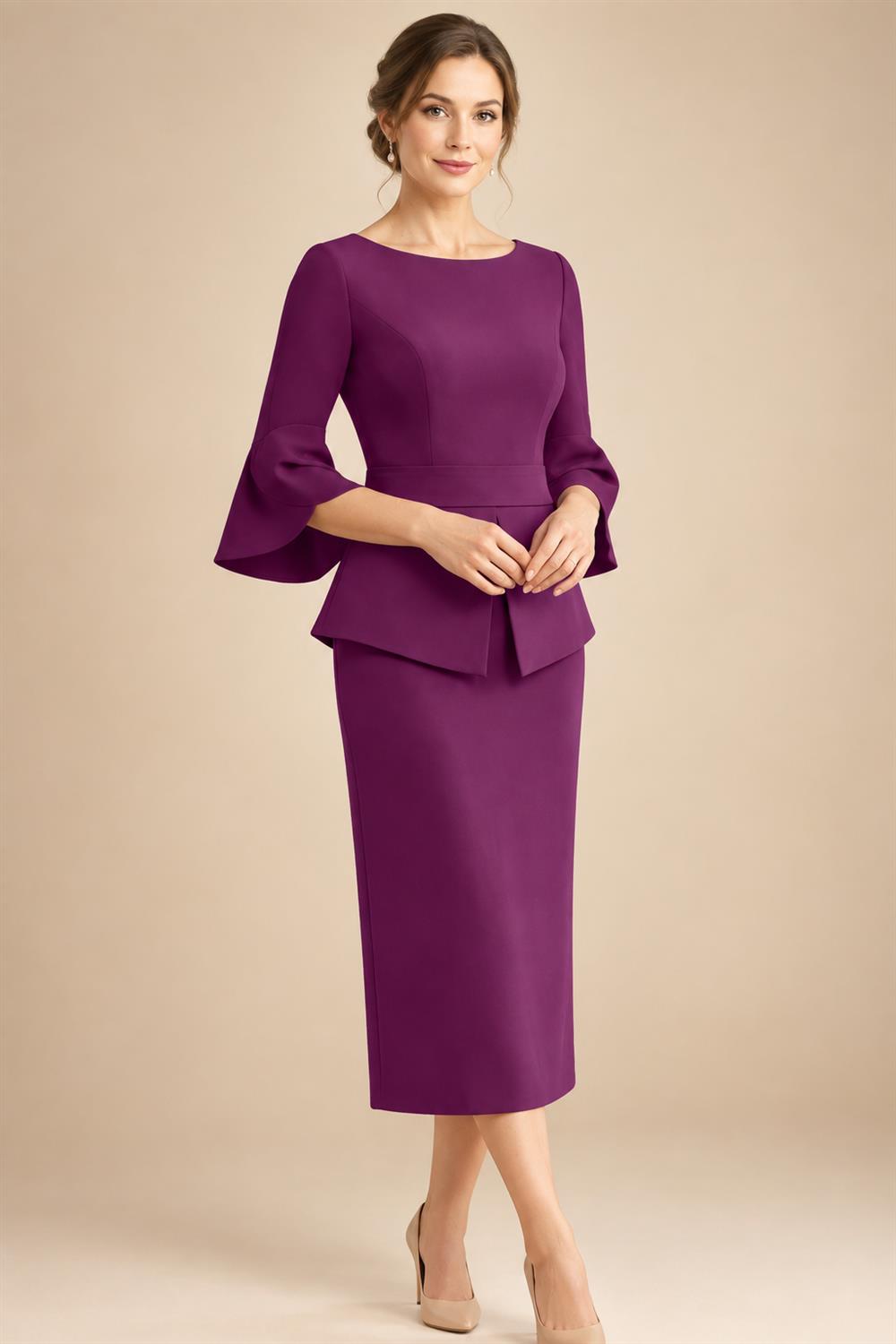3/4 Sleeve Round Neck Sheath Midi Satin Mother of the Bride Dresses Formal Dress (SHI22500384)