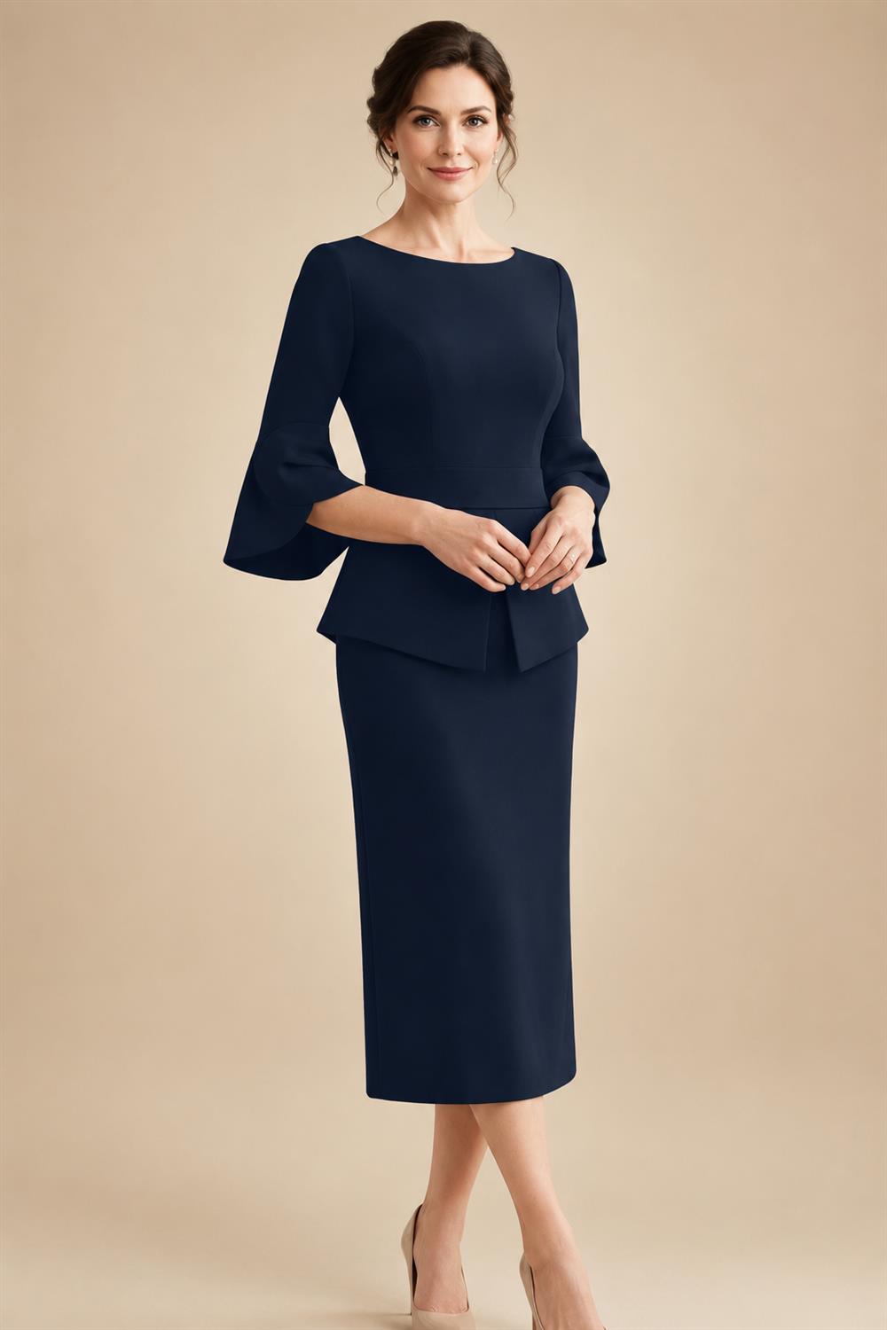 3/4 Sleeve Round Neck Sheath Midi Satin Mother of the Bride Dresses Formal Dress (SHI22500384)