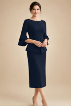 3/4 Sleeve Round Neck Sheath Midi Satin Mother of the Bride Dresses Formal Dress (SHI22500384)