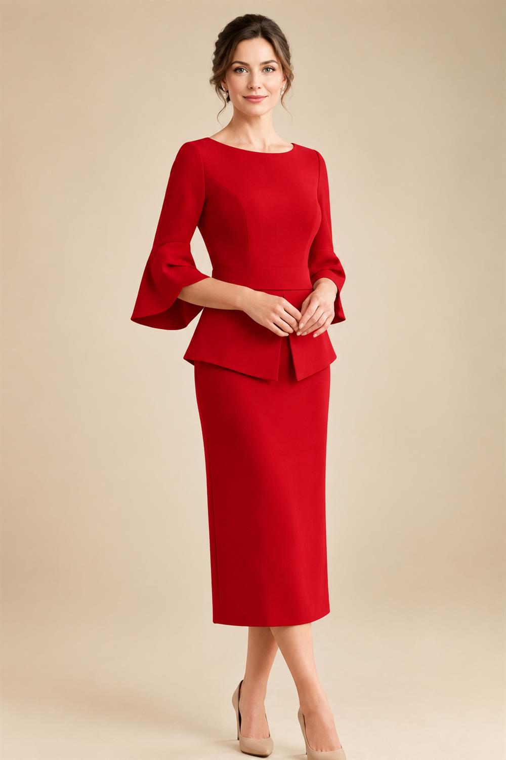 3/4 Sleeve Round Neck Sheath Midi Satin Mother of the Bride Dresses Formal Dress (SHI22500384)
