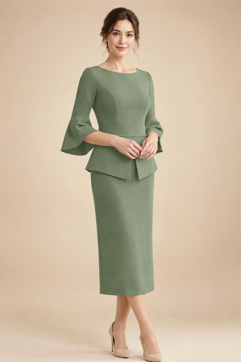 3/4 Sleeve Round Neck Sheath Midi Satin Mother of the Bride Dresses Formal Dress (SHI22500384)