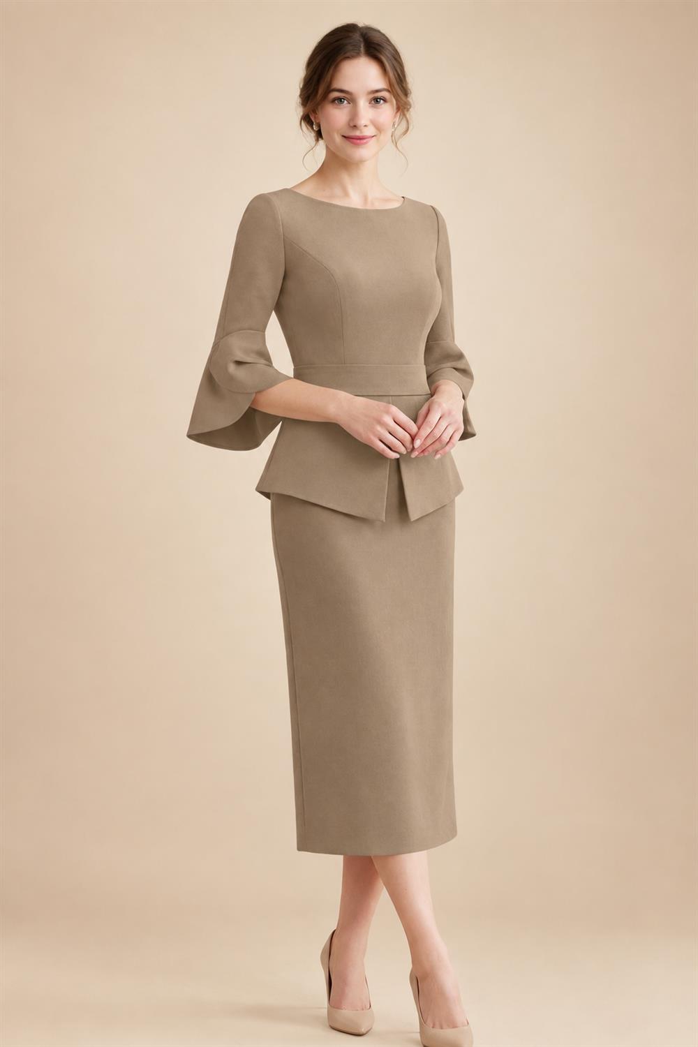 3/4 Sleeve Round Neck Sheath Midi Satin Mother of the Bride Dresses Formal Dress (SHI22500384)
