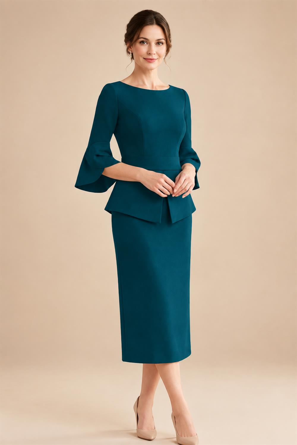 3/4 Sleeve Round Neck Sheath Midi Satin Mother of the Bride Dresses Formal Dress (SHI22500384)