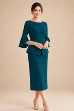 3/4 Sleeve Round Neck Sheath Midi Satin Mother of the Bride Dresses Formal Dress (SHI22500384)