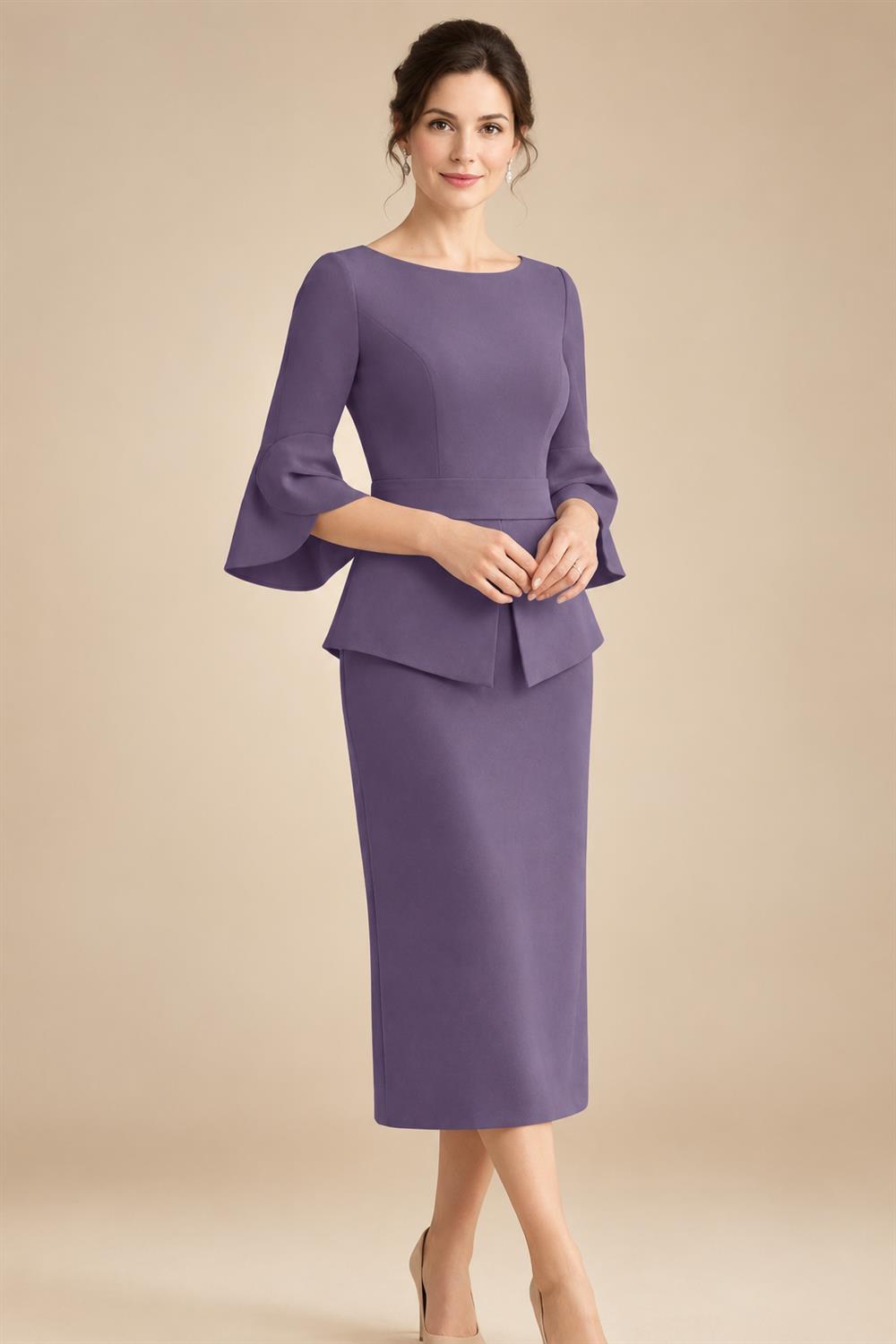 3/4 Sleeve Round Neck Sheath Midi Satin Mother of the Bride Dresses Formal Dress (SHI22500384)