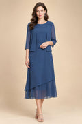 3/4 Sleeve Round Neck A-Line Midi Chiffon Mother of the Bride Dresses with Jacket (SHI22500386)