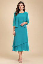 3/4 Sleeve Round Neck A-Line Midi Chiffon Mother of the Bride Dresses with Jacket (SHI22500386)
