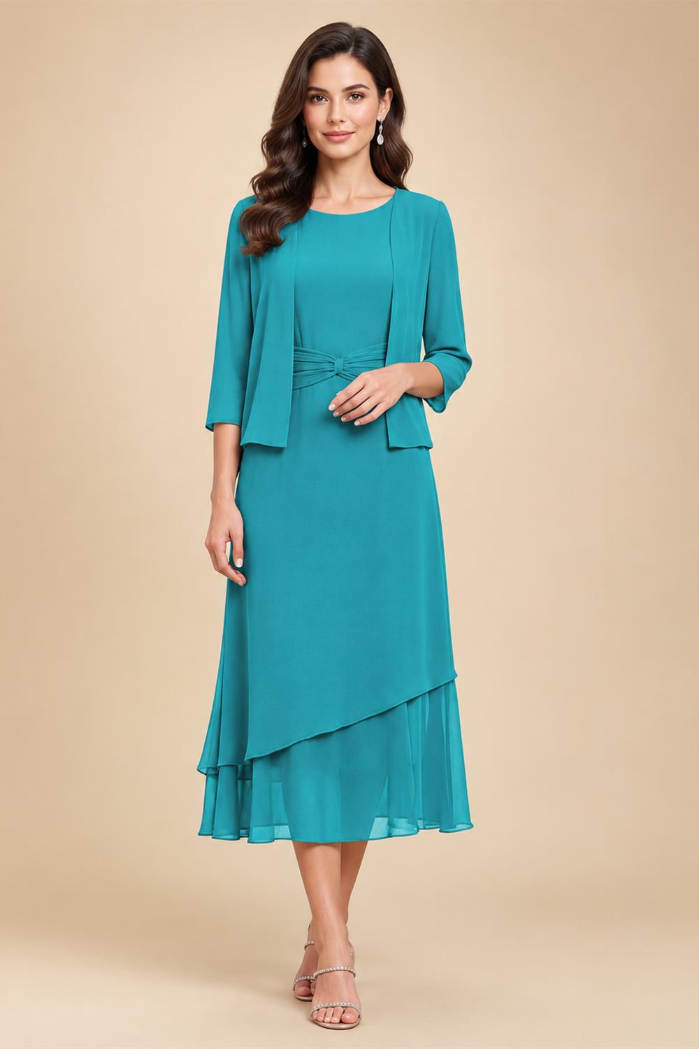3/4 Sleeve Round Neck A-Line Midi Chiffon Mother of the Bride Dresses with Jacket (SHI22500386)