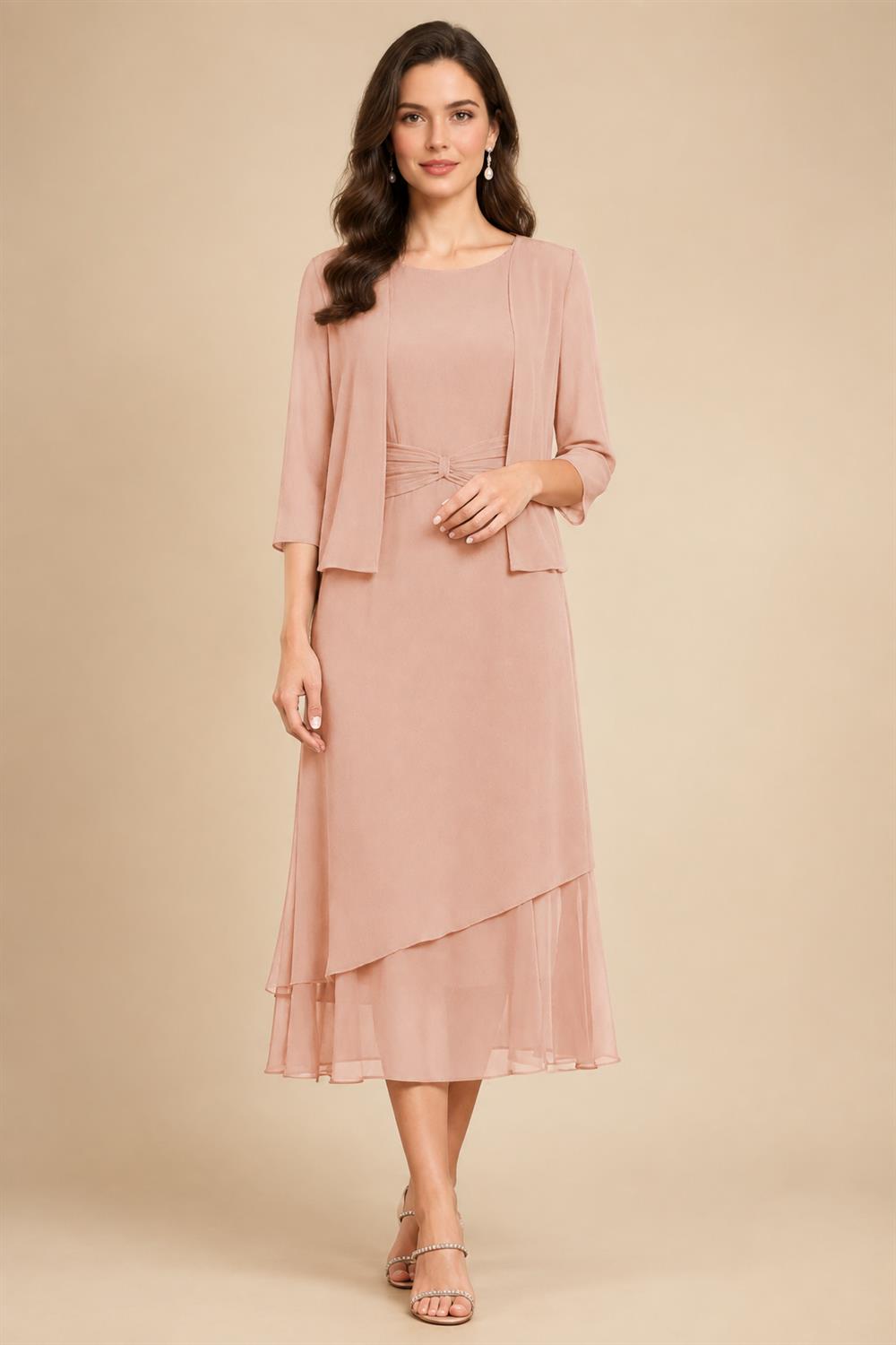 3/4 Sleeve Round Neck A-Line Midi Chiffon Mother of the Bride Dresses with Jacket (SHI22500386)