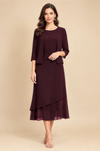 3/4 Sleeve Round Neck A-Line Midi Chiffon Mother of the Bride Dresses with Jacket (SHI22500386)