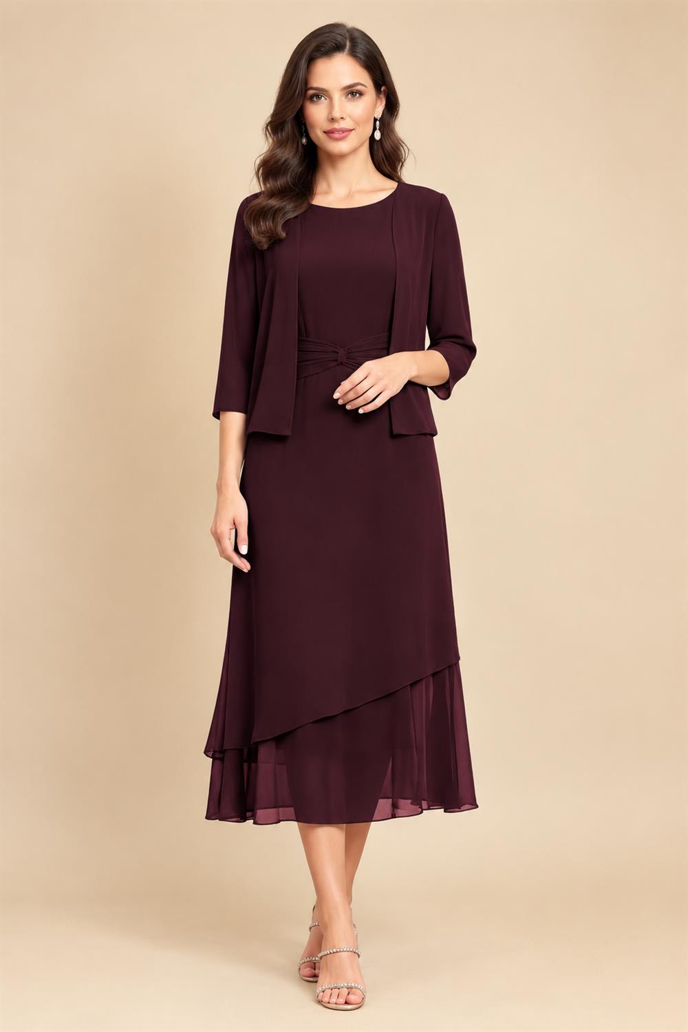 3/4 Sleeve Round Neck A-Line Midi Chiffon Mother of the Bride Dresses with Jacket (SHI22500386)