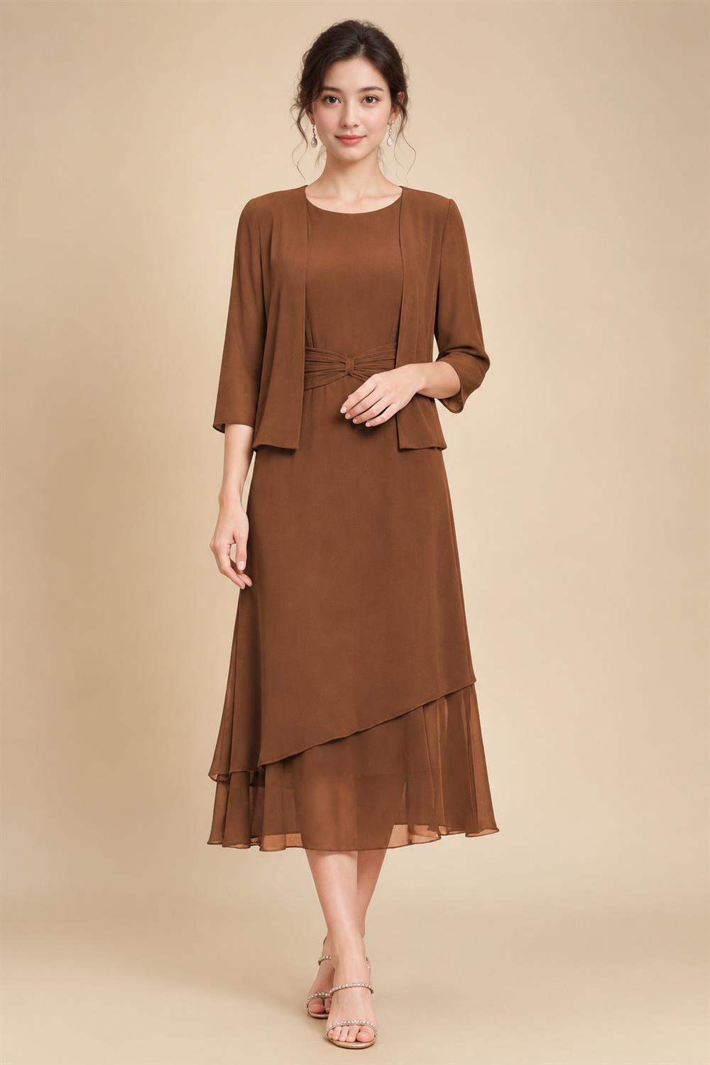 3/4 Sleeve Round Neck A-Line Midi Chiffon Mother of the Bride Dresses with Jacket (SHI22500386)