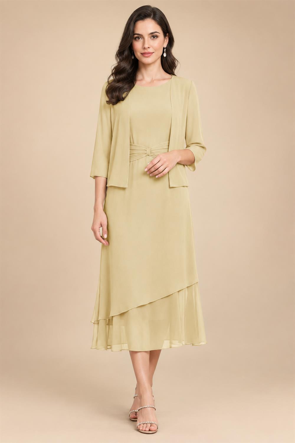 3/4 Sleeve Round Neck A-Line Midi Chiffon Mother of the Bride Dresses with Jacket (SHI22500386)