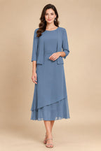 3/4 Sleeve Round Neck A-Line Midi Chiffon Mother of the Bride Dresses with Jacket (SHI22500386)