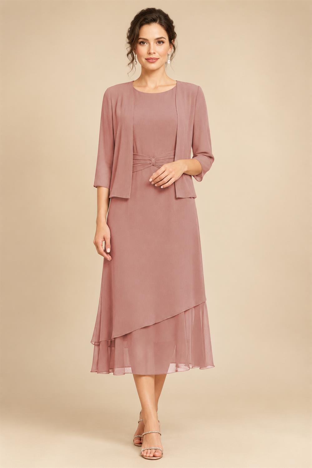 3/4 Sleeve Round Neck A-Line Midi Chiffon Mother of the Bride Dresses with Jacket (SHI22500386)