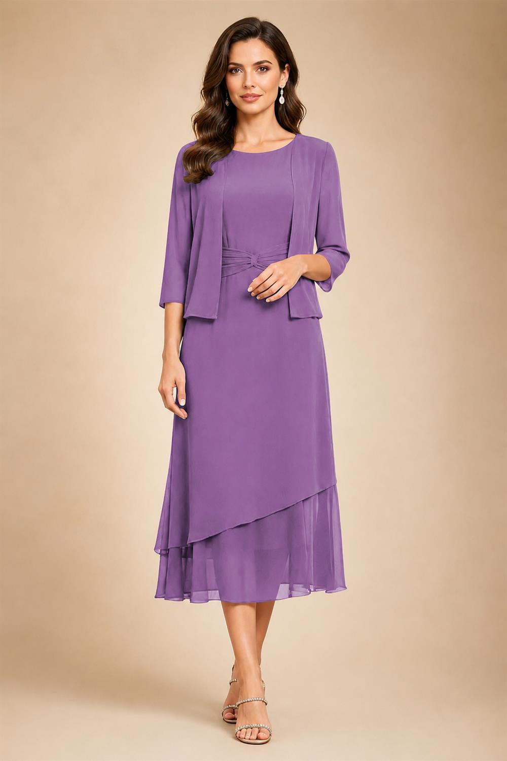 3/4 Sleeve Round Neck A-Line Midi Chiffon Mother of the Bride Dresses with Jacket (SHI22500386)