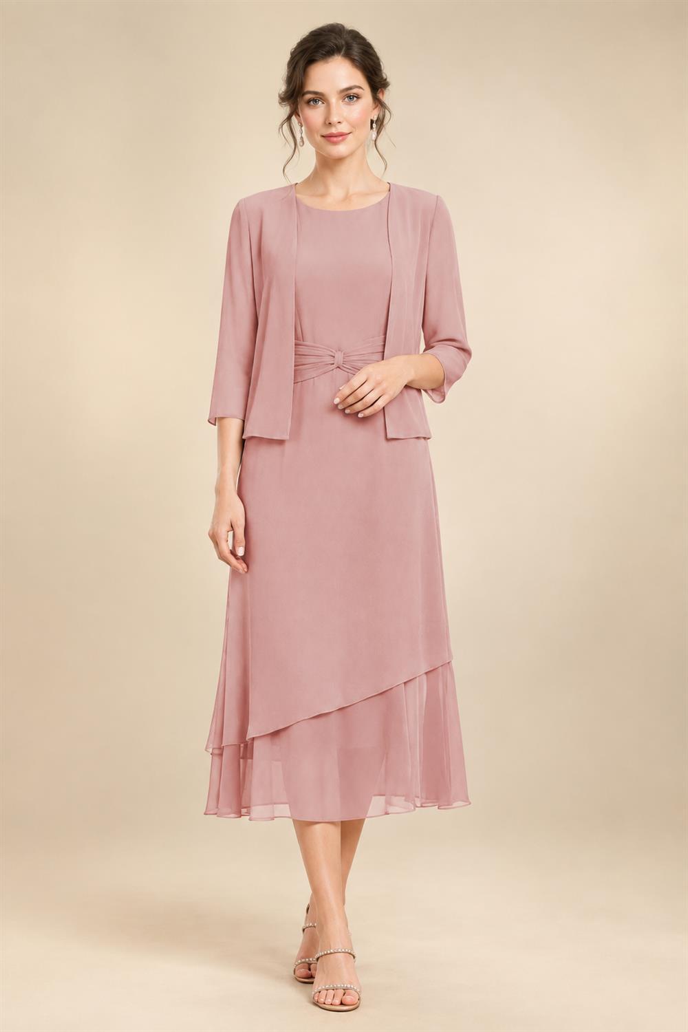 3/4 Sleeve Round Neck A-Line Midi Chiffon Mother of the Bride Dresses with Jacket (SHI22500386)