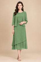 3/4 Sleeve Round Neck A-Line Midi Chiffon Mother of the Bride Dresses with Jacket (SHI22500386)