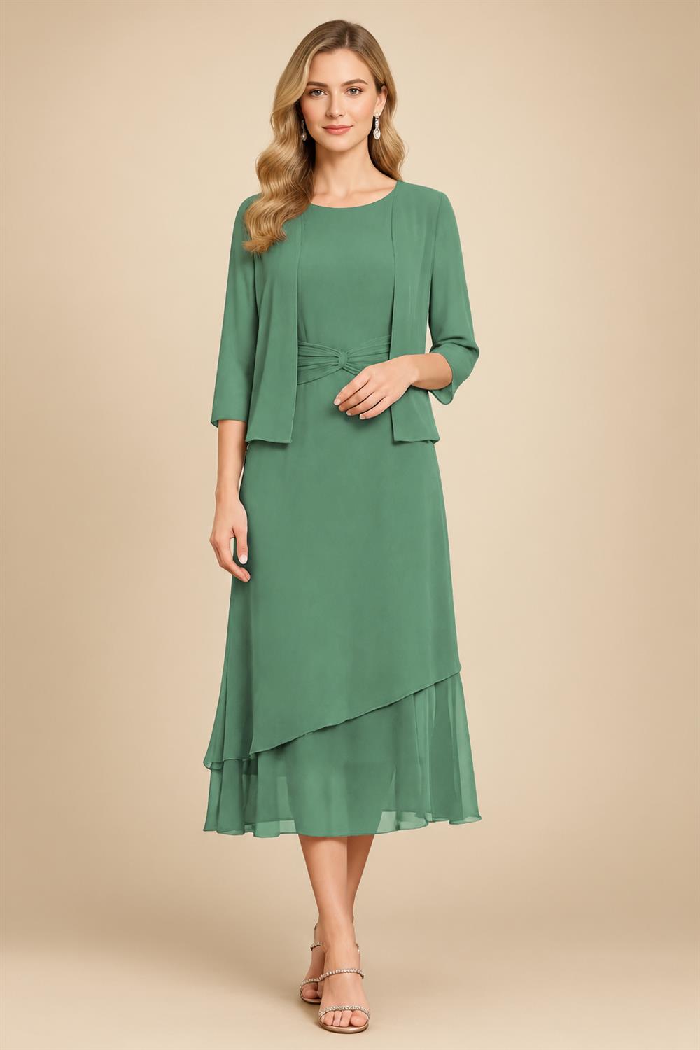 3/4 Sleeve Round Neck A-Line Midi Chiffon Mother of the Bride Dresses with Jacket (SHI22500386)