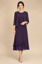 3/4 Sleeve Round Neck A-Line Midi Chiffon Mother of the Bride Dresses with Jacket (SHI22500386)
