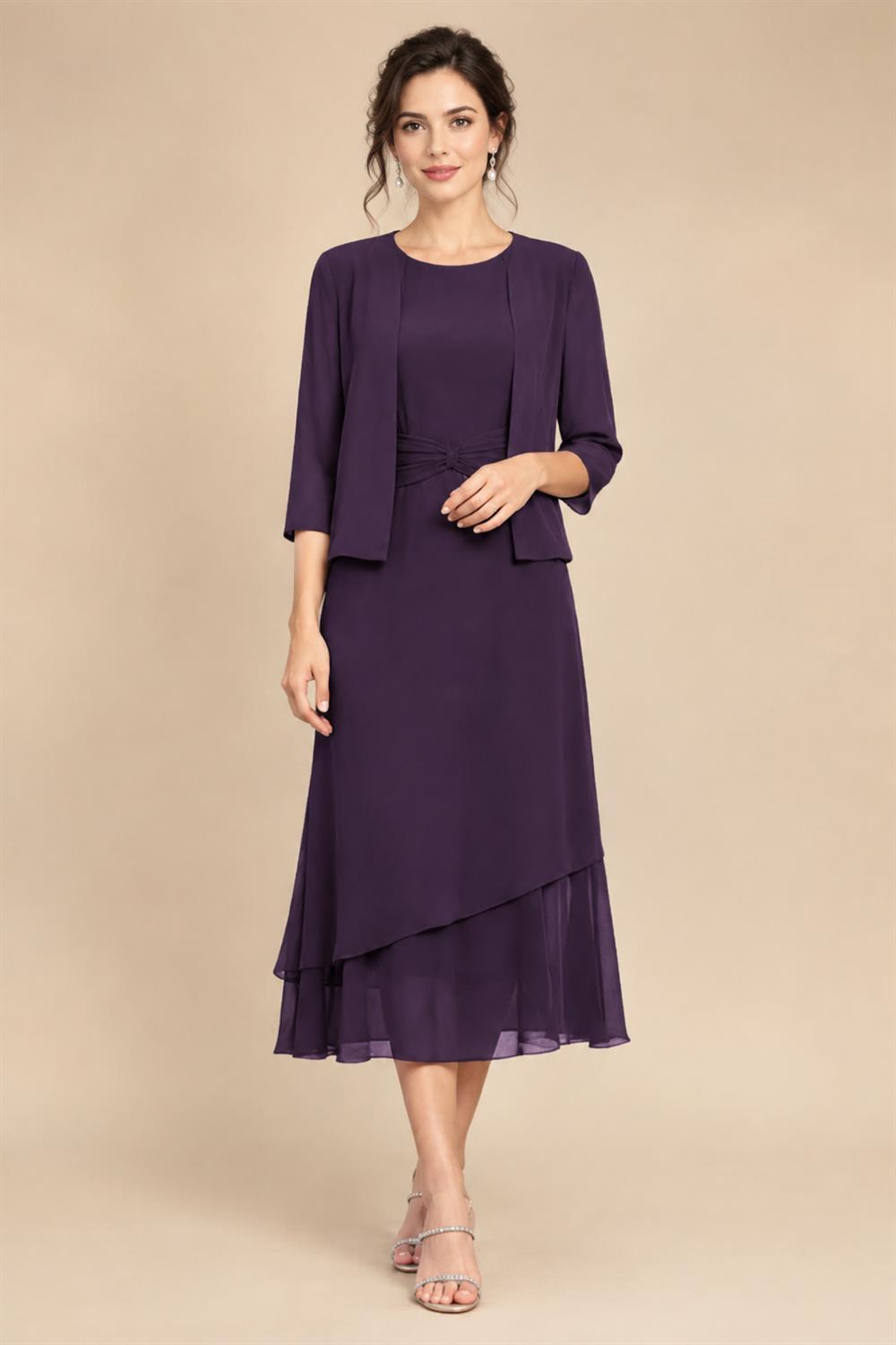 3/4 Sleeve Round Neck A-Line Midi Chiffon Mother of the Bride Dresses with Jacket (SHI22500386)