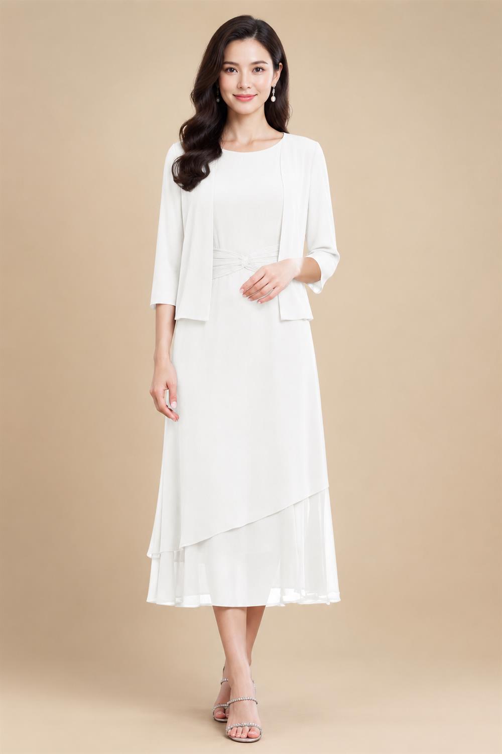 3/4 Sleeve Round Neck A-Line Midi Chiffon Mother of the Bride Dresses with Jacket (SHI22500386)