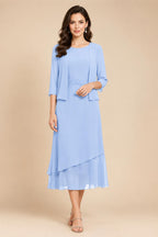 3/4 Sleeve Round Neck A-Line Midi Chiffon Mother of the Bride Dresses with Jacket (SHI22500386)