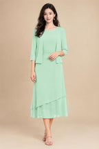 3/4 Sleeve Round Neck A-Line Midi Chiffon Mother of the Bride Dresses with Jacket (SHI22500386)