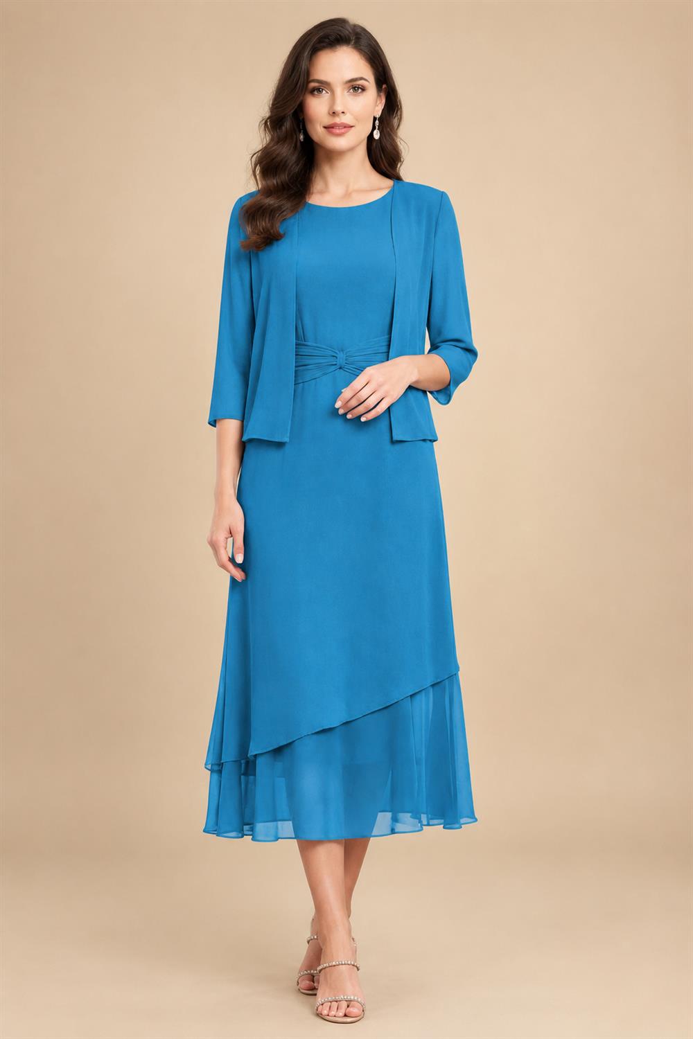 3/4 Sleeve Round Neck A-Line Midi Chiffon Mother of the Bride Dresses with Jacket (SHI22500386)