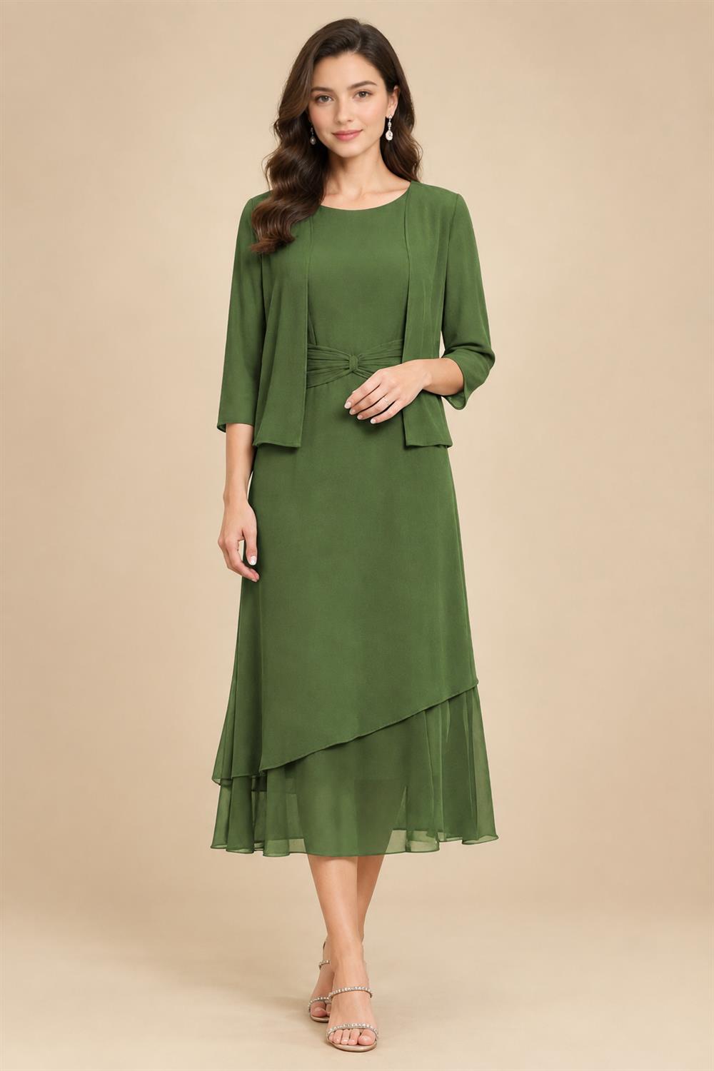 3/4 Sleeve Round Neck A-Line Midi Chiffon Mother of the Bride Dresses with Jacket (SHI22500386)