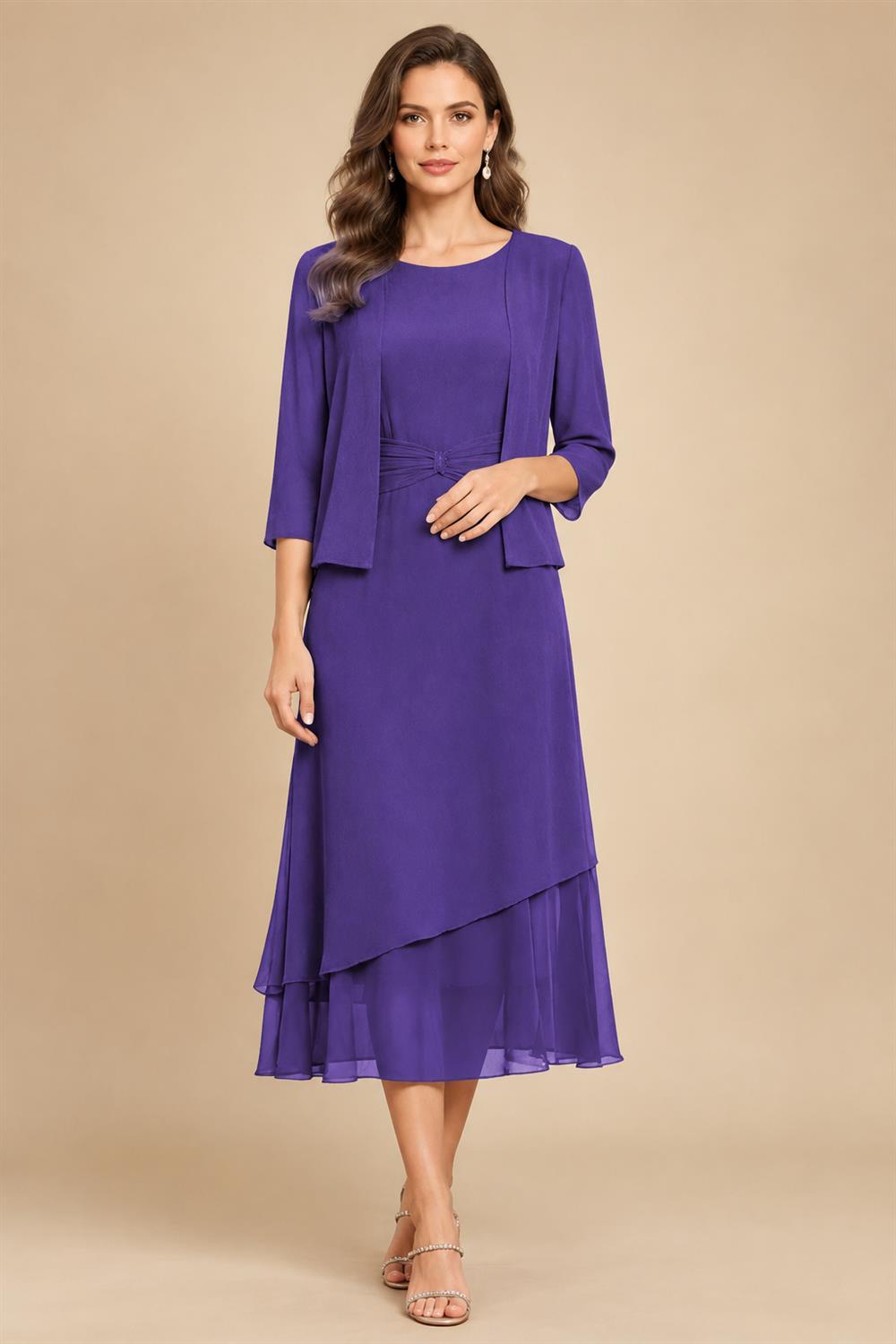 3/4 Sleeve Round Neck A-Line Midi Chiffon Mother of the Bride Dresses with Jacket (SHI22500386)