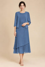 3/4 Sleeve Round Neck A-Line Midi Chiffon Mother of the Bride Dresses with Jacket (SHI22500386)