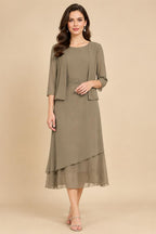 3/4 Sleeve Round Neck A-Line Midi Chiffon Mother of the Bride Dresses with Jacket (SHI22500386)