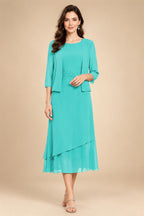 3/4 Sleeve Round Neck A-Line Midi Chiffon Mother of the Bride Dresses with Jacket (SHI22500386)