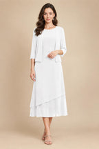 3/4 Sleeve Round Neck A-Line Midi Chiffon Mother of the Bride Dresses with Jacket (SHI22500386)