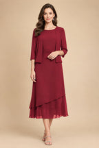 3/4 Sleeve Round Neck A-Line Midi Chiffon Mother of the Bride Dresses with Jacket (SHI22500386)