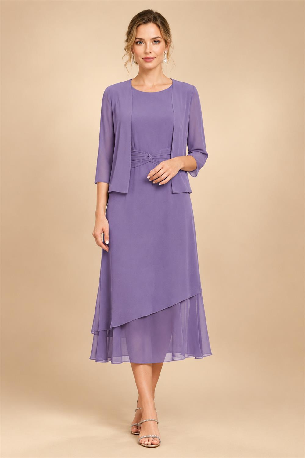 3/4 Sleeve Round Neck A-Line Midi Chiffon Mother of the Bride Dresses with Jacket (SHI22500386)
