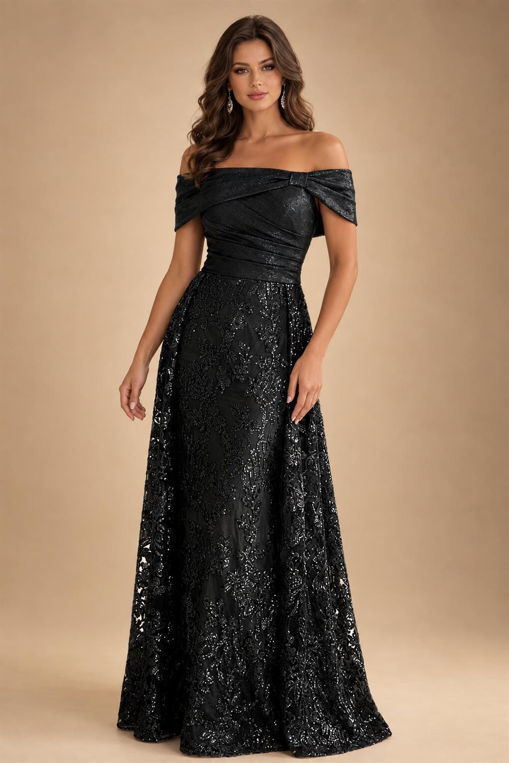 A-Line Metallic Satin Off Shoulder Bow Mother of the Bride & Groom Dresses with Floral Lace Appliques, Ruched Waist & Sweep Train (SHI22500425)