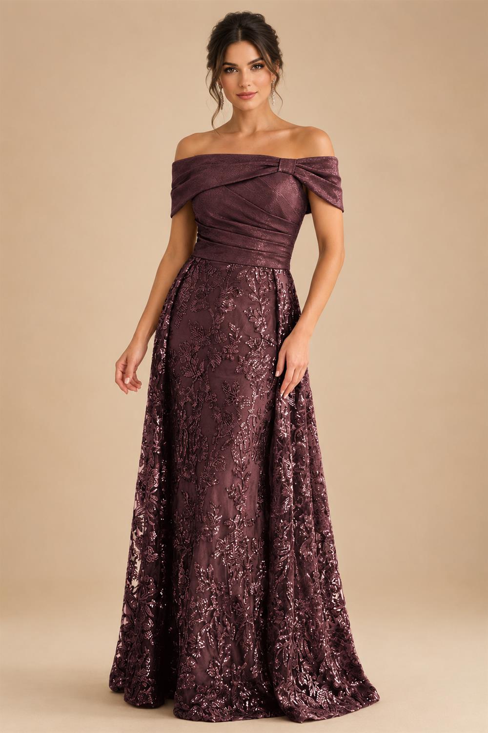 A-Line Metallic Satin Off Shoulder Bow Mother of the Bride & Groom Dresses with Floral Lace Appliques, Ruched Waist & Sweep Train (SHI22500425)