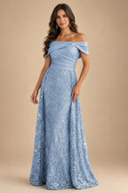 A-Line Metallic Satin Off Shoulder Bow Mother of the Bride & Groom Dresses with Floral Lace Appliques, Ruched Waist & Sweep Train (SHI22500425)