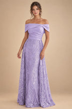 A-Line Metallic Satin Off Shoulder Bow Mother of the Bride & Groom Dresses with Floral Lace Appliques, Ruched Waist & Sweep Train (SHI22500425)